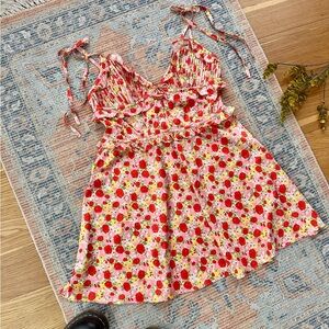 For Love And Lemons Red Pink Floral Tie-Shoulder Mini Dress